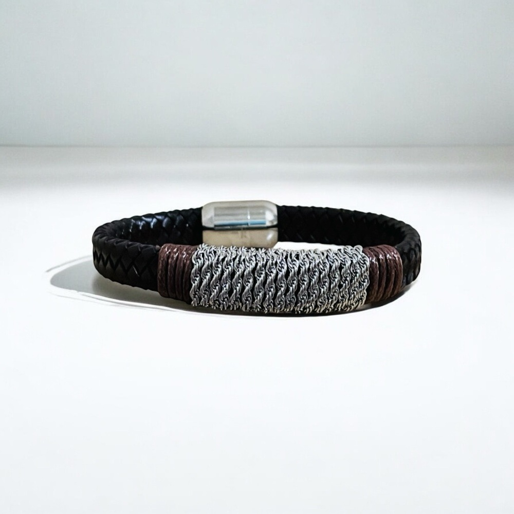 Black and Brown Faux Leather Braided Bracelet with Silver Woven Accent Magnet